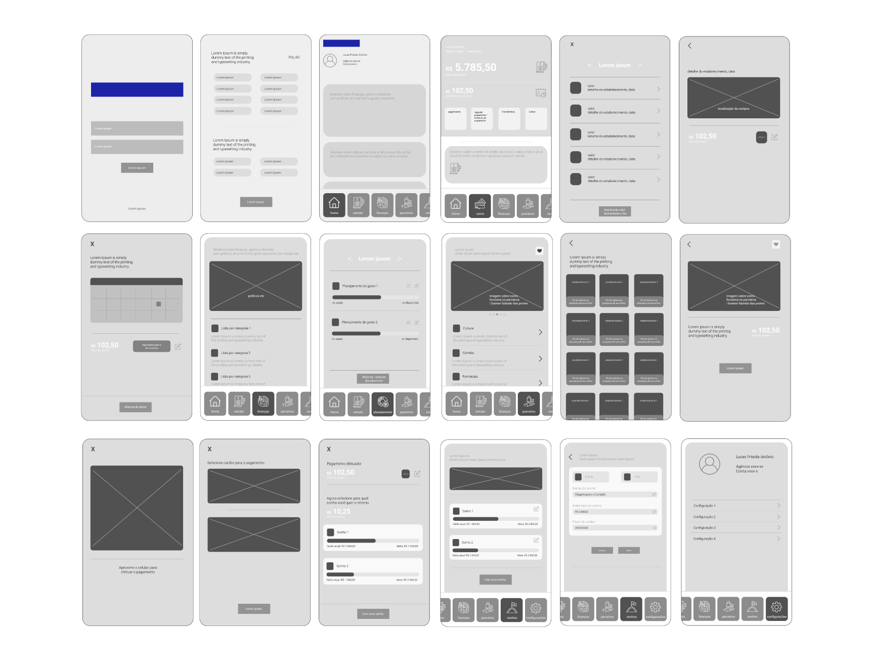 Low fidelity Figma frames in greyscale showing the key flows of the app: login, goal creation, payment, cashback claim, blog reading.