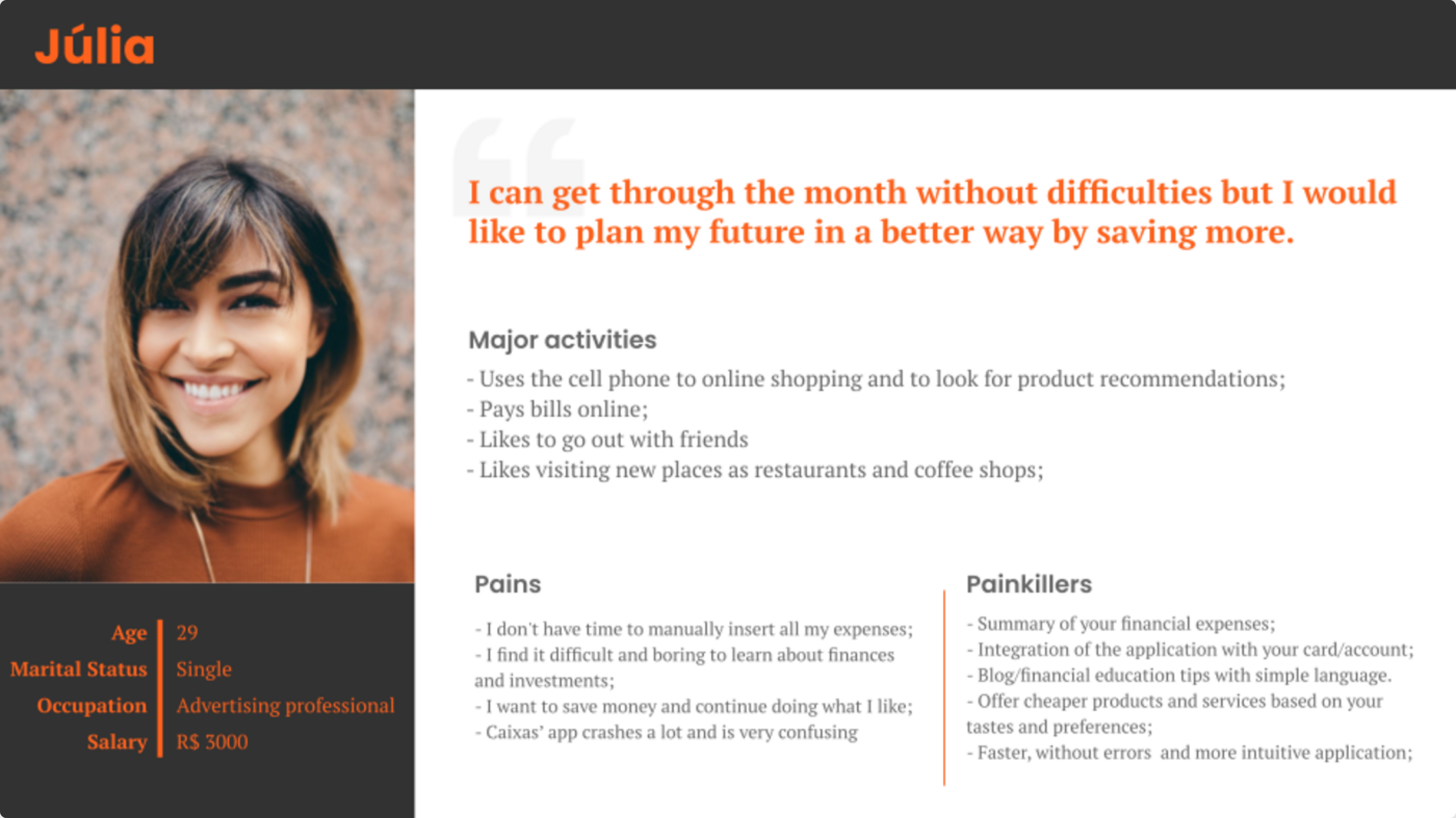 Persona card for Júlia. Age 29, single, advertising professional, R$3,000 monthly income. Quote in orange: I get through the month fine but I’d like to plan my future better and save more. Tasks, pains, and gains listed below.