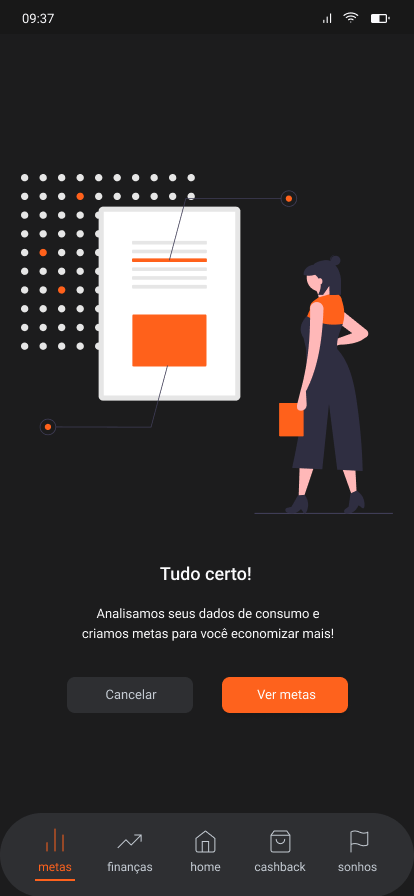 Assistente Financeiro intro screen with illustration: Tudo certo, we analysed your spending and built goals for you to save more