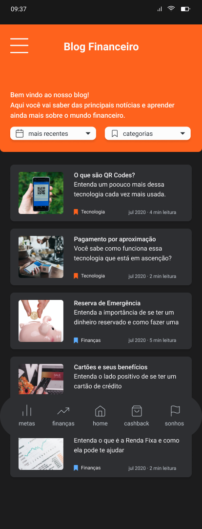 Blog Financeiro with welcome message, filter chips, and a list of short articles with category tags and reading-time labels