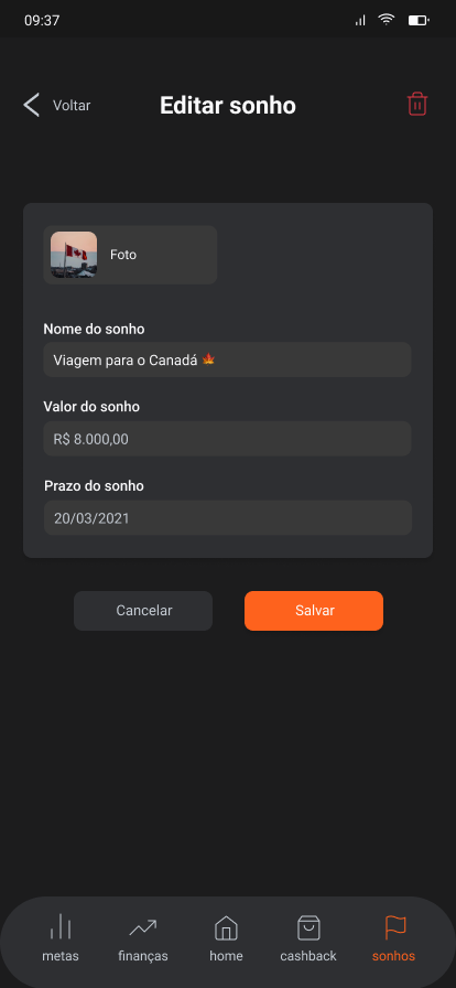 Sonho detail screen showing one savings goal with editable name, target amount, current balance and progress
