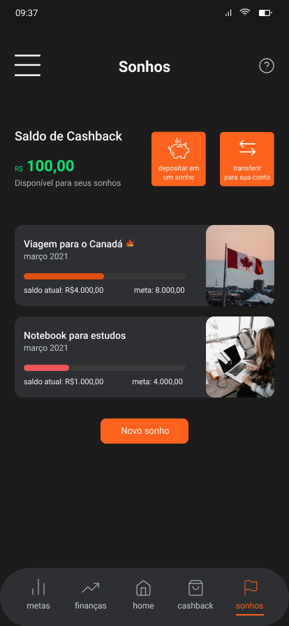 Sonhos home: cashback balance, two saved goals (Viagem para o Canadá, Notebook para estudos), bottom nav, Novo sonho CTA