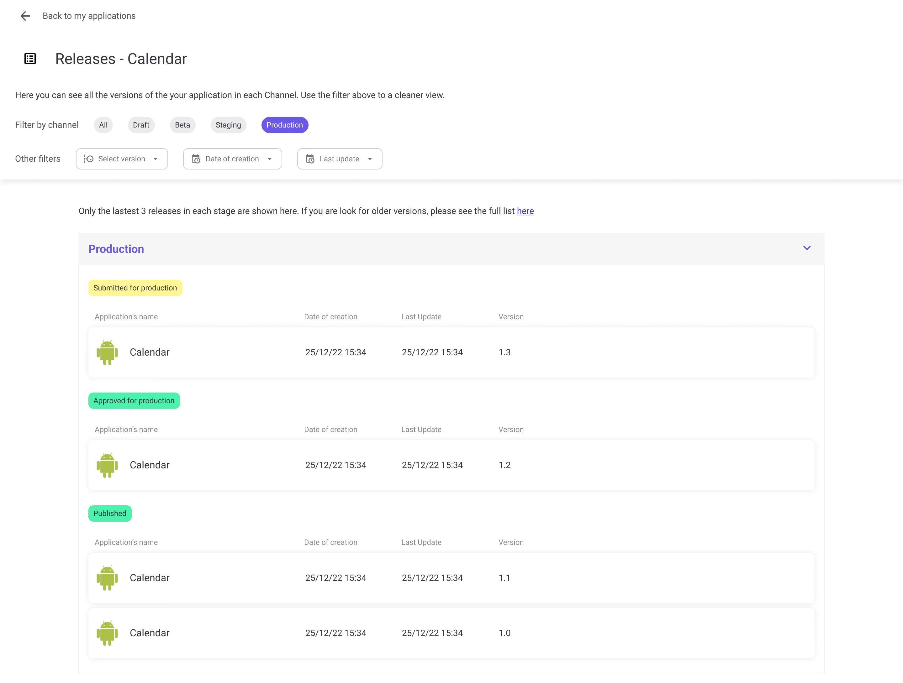 All Releases list view: sortable table of apps with icon, publisher, version, and lifecycle state