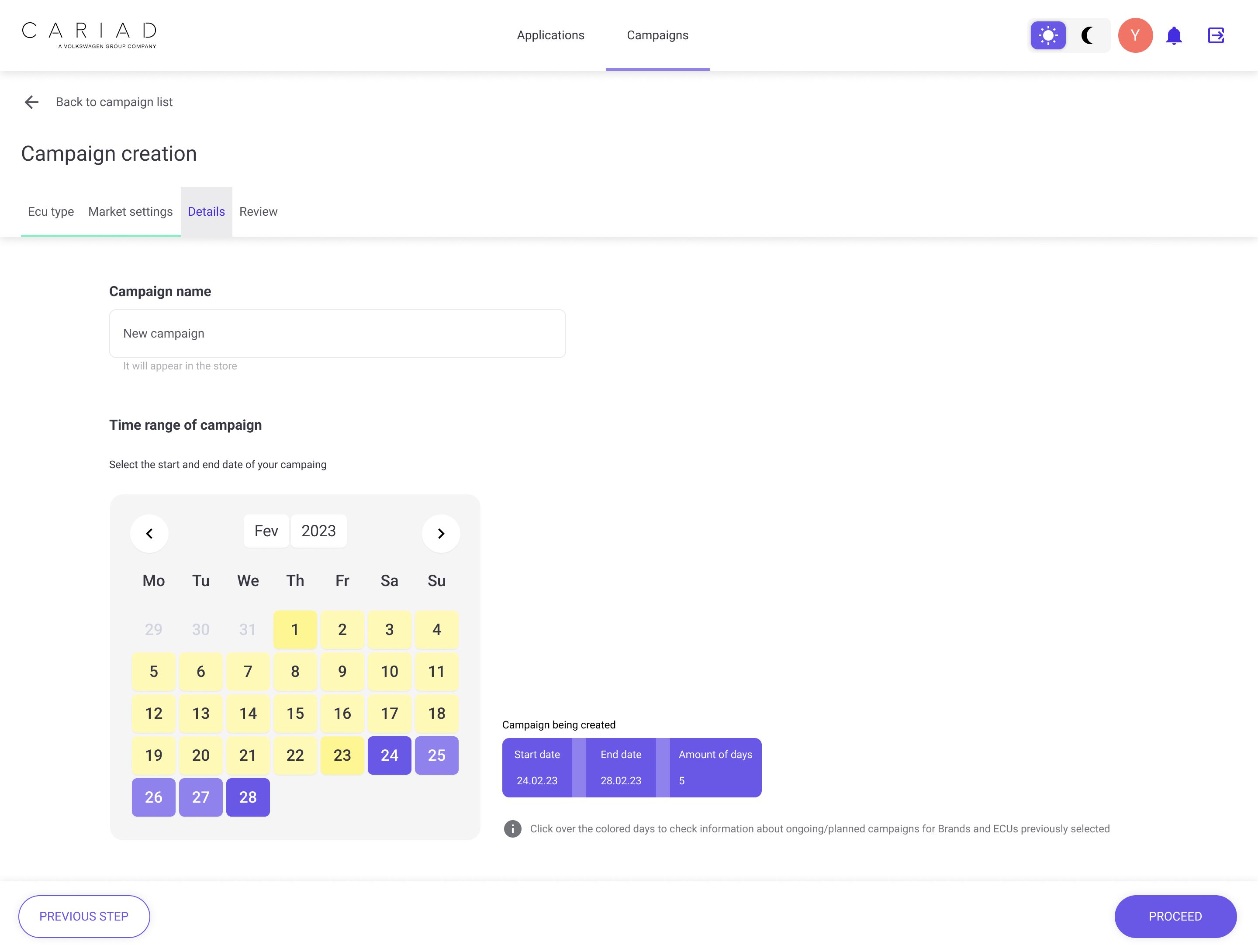 Campaigns calendar view for scheduling brand-specific app promotion