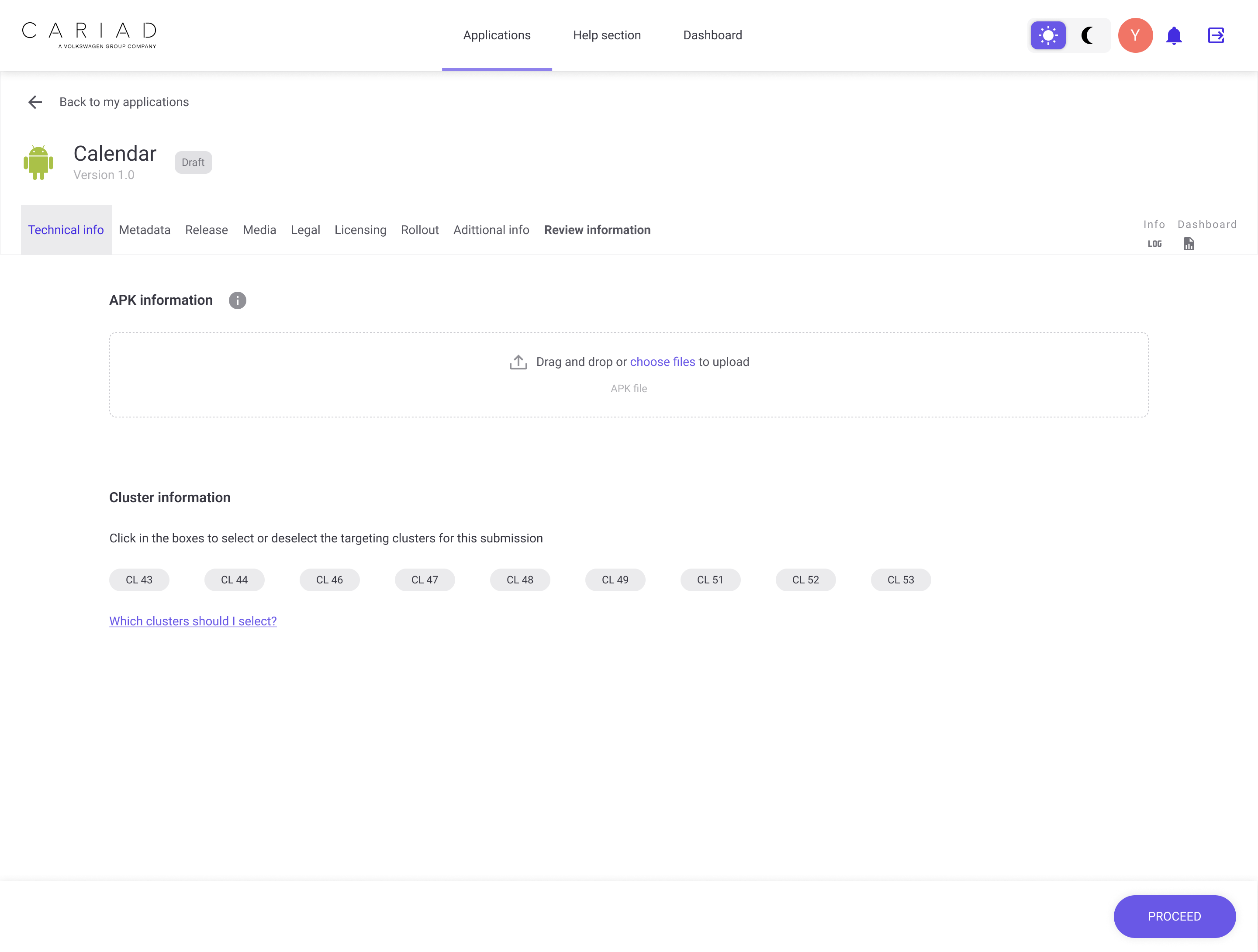 App detail submission screen for a single app, split into tabs: technical info, metadata, release, media, legal, licensing, rollout, additional and review, with APK upload and cluster targeting