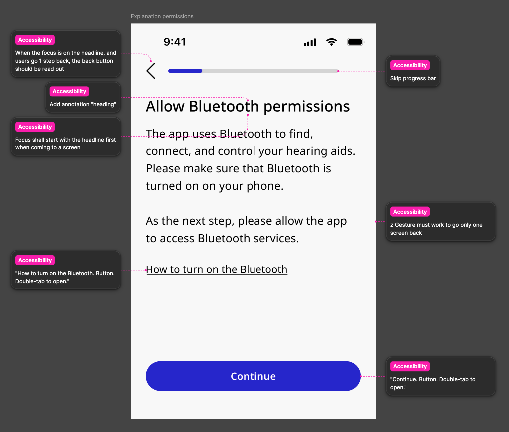 Figma screenshot showing focus order and live region annotations for the connection flow screens.