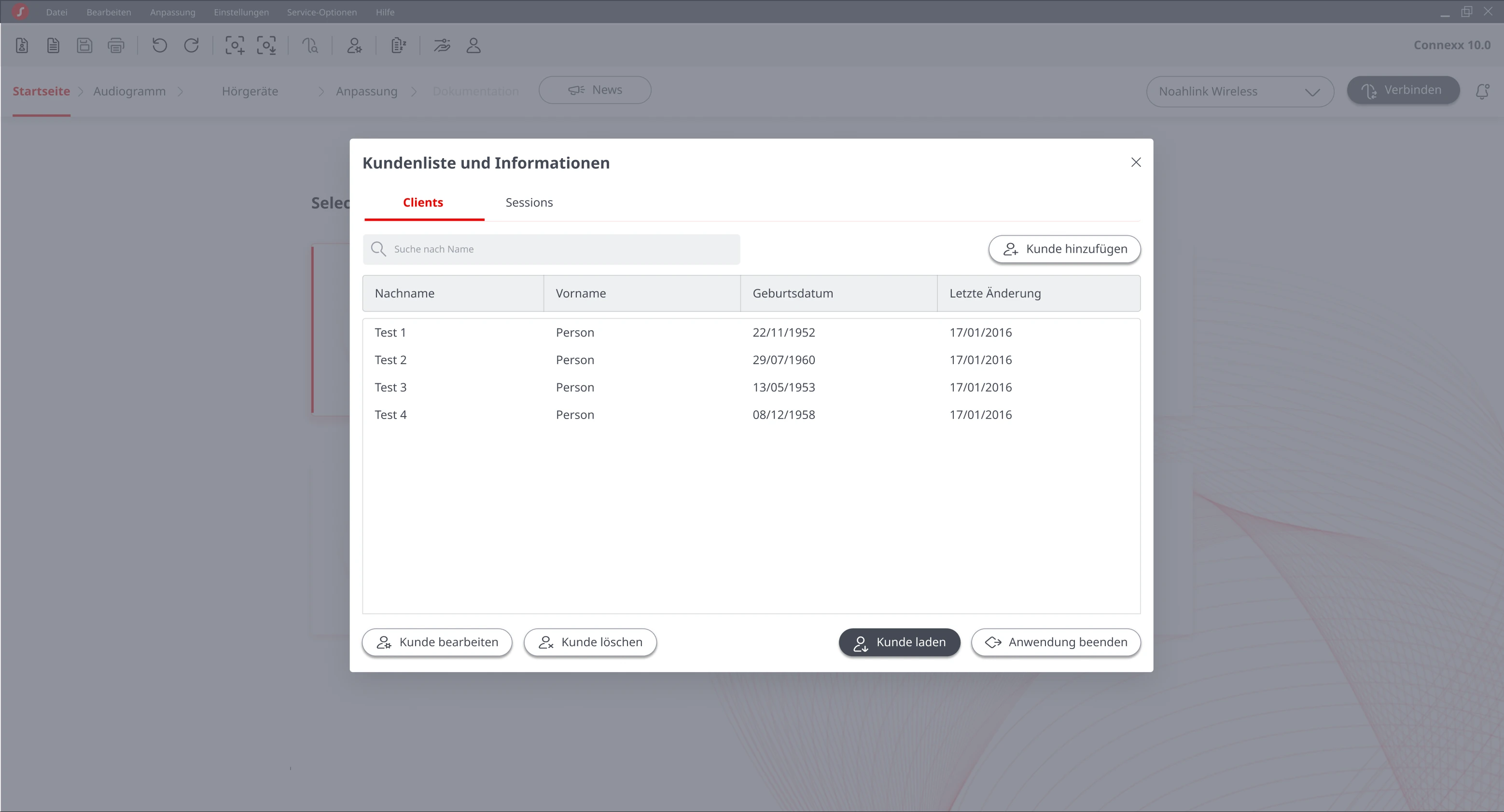 Connexx 10.0 Client List dialog: a searchable client table with tabs for clients and sessions, and actions to add, edit, delete, or load a client