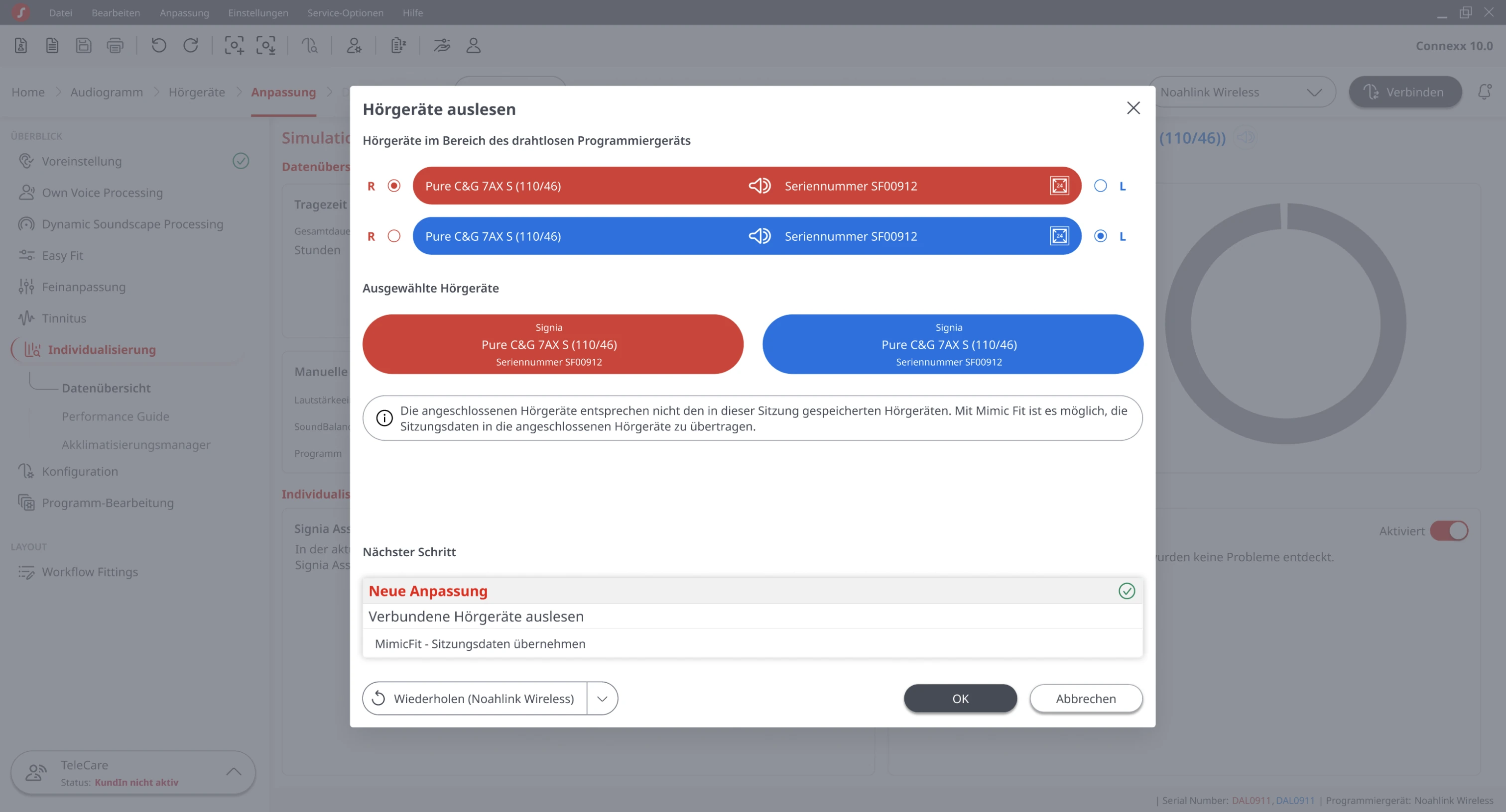Hearing Aid Detection dialog: the hearing aids in range listed with right and left checkboxes, the selected pair shown as red right and blue left cards, and a Next Step section