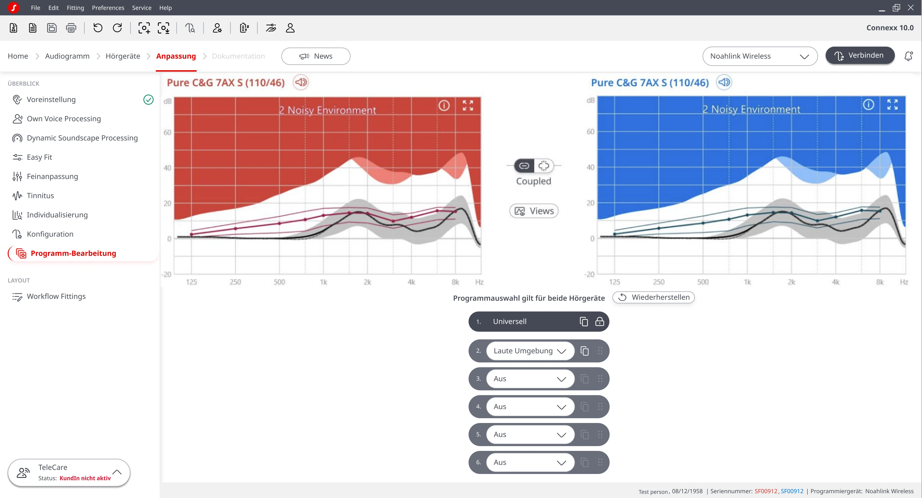 Facelifted Program Handling screen: the two gain graphs above a list of program pills, with one tap to add a predefined program