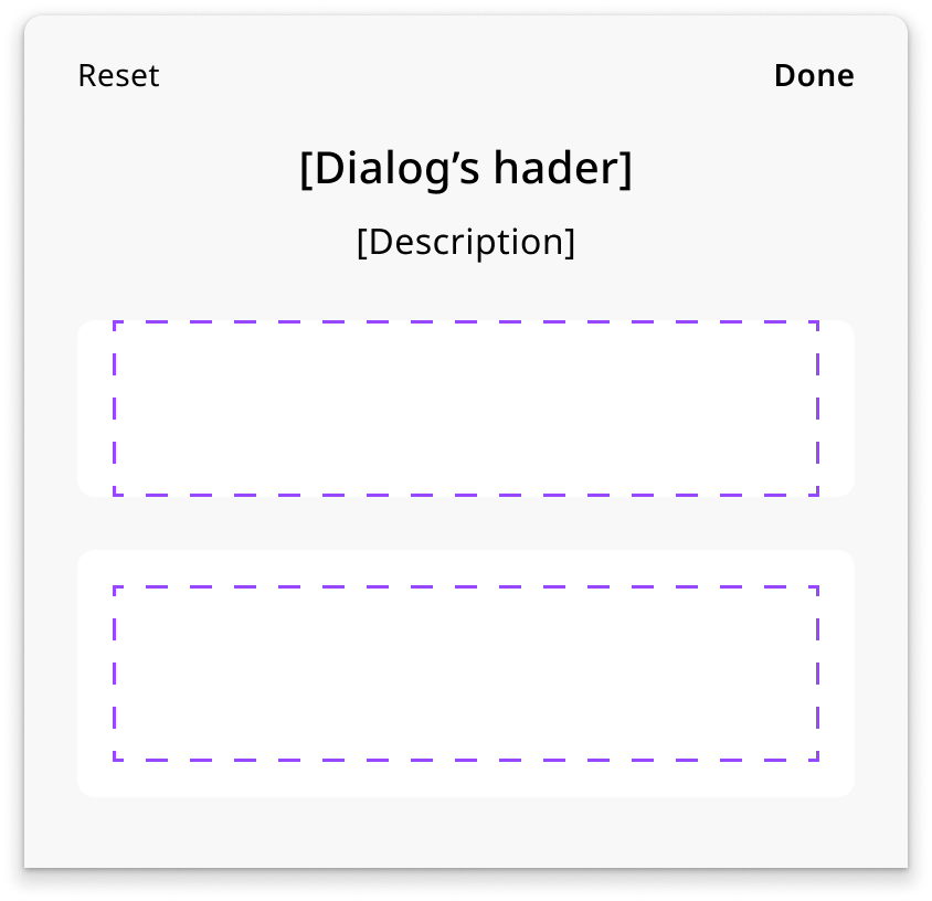 Bottom sheet shell component showing the header, description, and two content slot areas