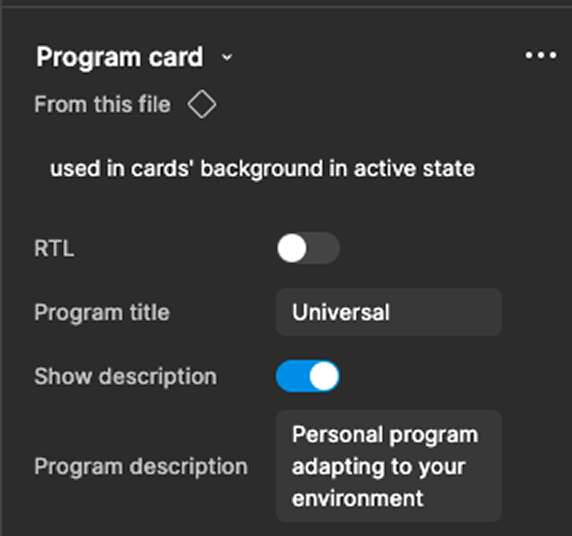 Figma component properties panel showing RTL toggle