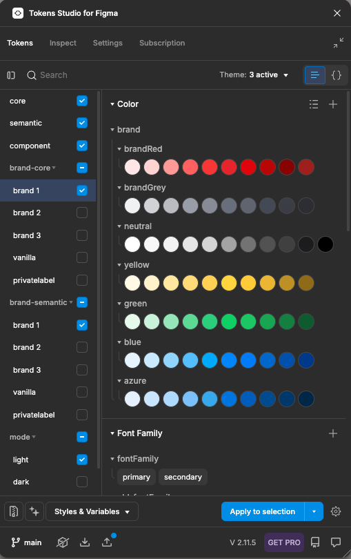 Token Studio plugin showing the three-layer token hierarchy: Core, Semantic, and Component layers