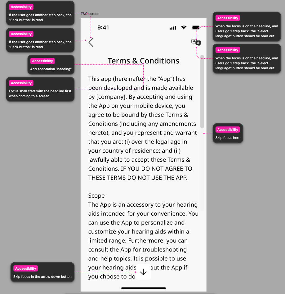 Figma frame showing accessibility annotation layer with numbered read-order callouts over consent screens