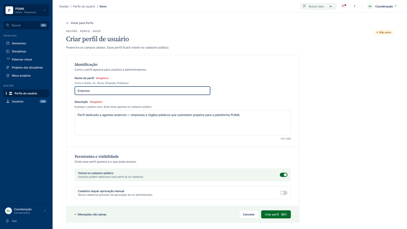 Redesigned create-profile form, chunked into labelled sections with plain-language field labels and a sticky save bar