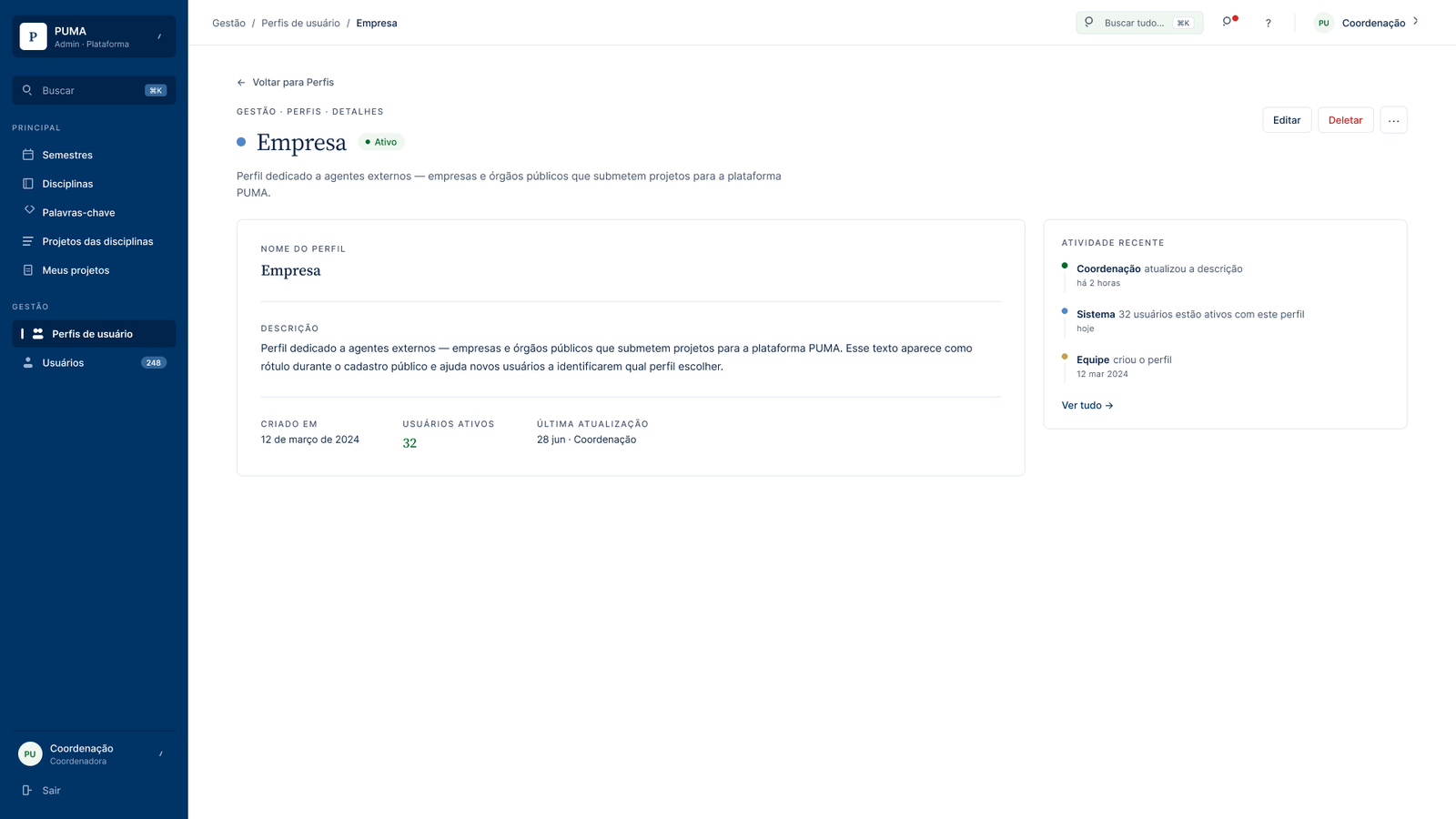 Profile detail view: a state badge beside the title and a two-column layout with an activity timeline on the right