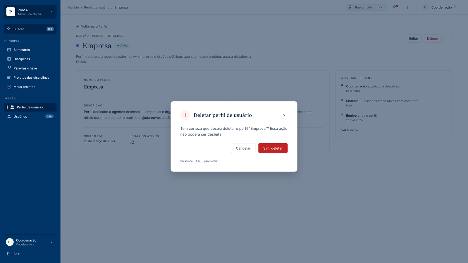 Delete confirmation modal with a red warning badge, an Esc-to-close hint, and a recovery path for when the action is blocked