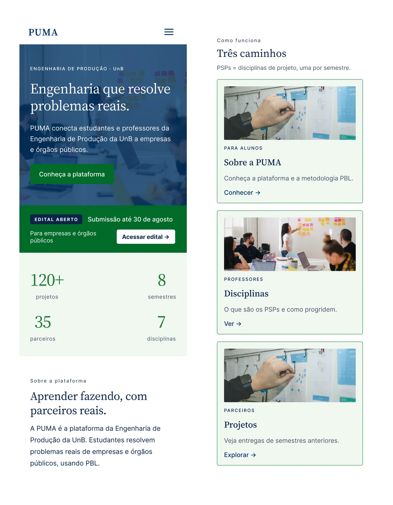 PUMA homepage on mobile shown as two pages: hero and stats, then the three ways-in cards, single column with a hamburger menu and swipe carousels