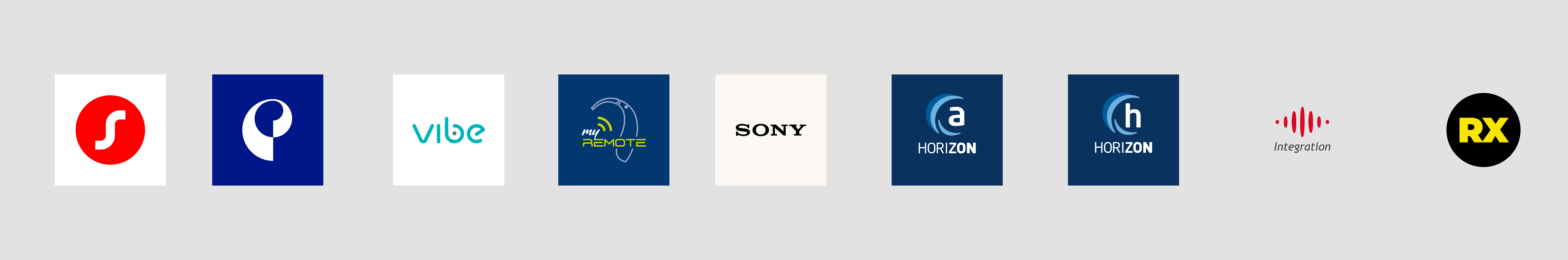 A row of brand logos all themed from one RTApps component set: Signia, a navy sister brand, Vibe, myRemote, Sony, two Audibene Horizon variants, Integration, and Rexton.