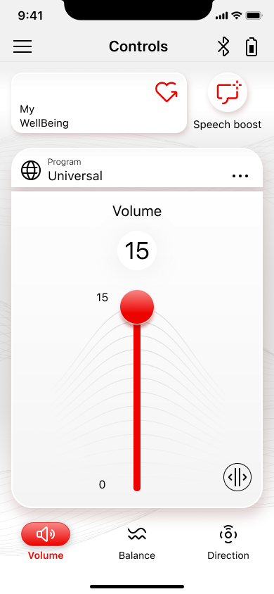 The Signia App Controls screen on iOS: a Controls header, a MyWellBeing card and Speech boost action, a Program selector reading Universal, a tall vertical Volume slider with the value 15, and a bottom tab bar with Volume, Balance, and Direction