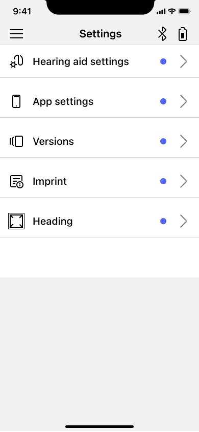 The Signia App Settings screen: a list of five rows — Hearing aid settings, App settings, Versions, Imprint, Heading — each with an icon on the left, a blue status dot and a chevron on the right