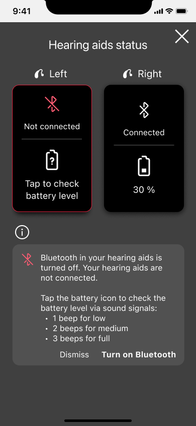 The Hearing aids status sheet over a dimmed background: two device cards side by side — Left, in a red bordered state, reading Not connected and Tap to check battery level; Right, reading Connected, 30 percent. Below, an information note about Bluetooth and battery beeps, with Dismiss and Turn on Bluetooth actions