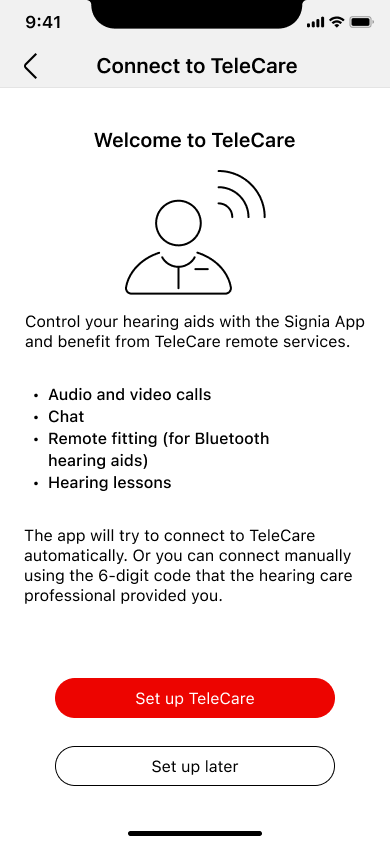 The Connect to TeleCare onboarding screen: an illustrated avatar with sound waves, a description of TeleCare remote services, a bulleted feature list, a paragraph about manual connection, and two stacked buttons — primary Set up TeleCare in red, secondary Set up later