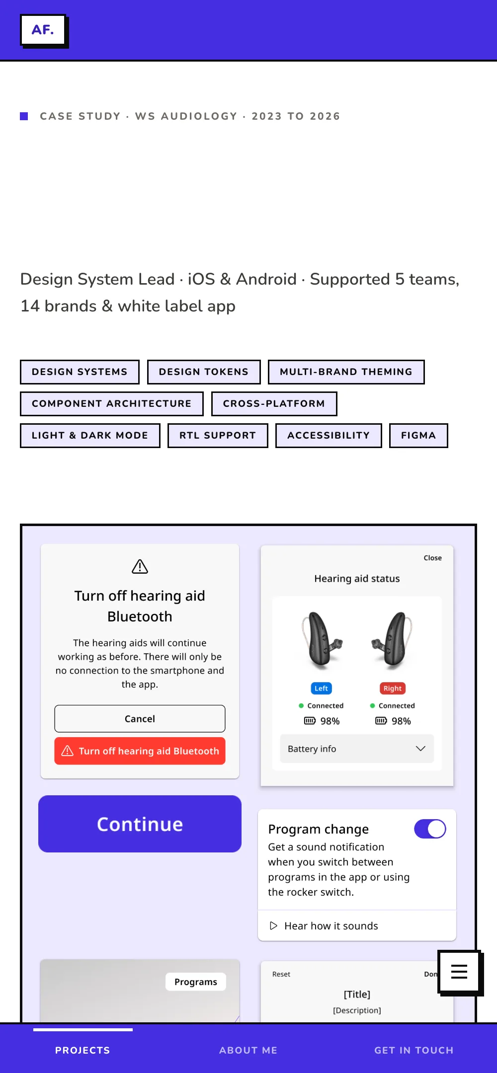 The Multi-brand design system case at mobile width: an indigo header and a fixed bottom tab bar, the hero showing its component bento, everything in a single column.