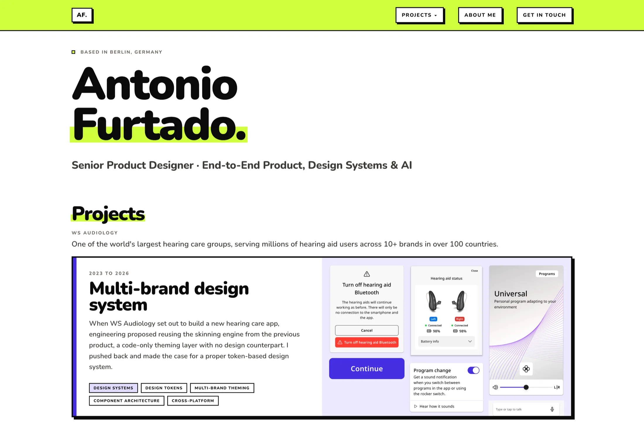 The portfolio homepage on desktop: a lime navigation bar with white outlined buttons, a large black 'Antonio Furtado' headline with a lime highlight behind the surname, and a project card with thick black borders, a hard offset shadow, and an indigo accent edge.