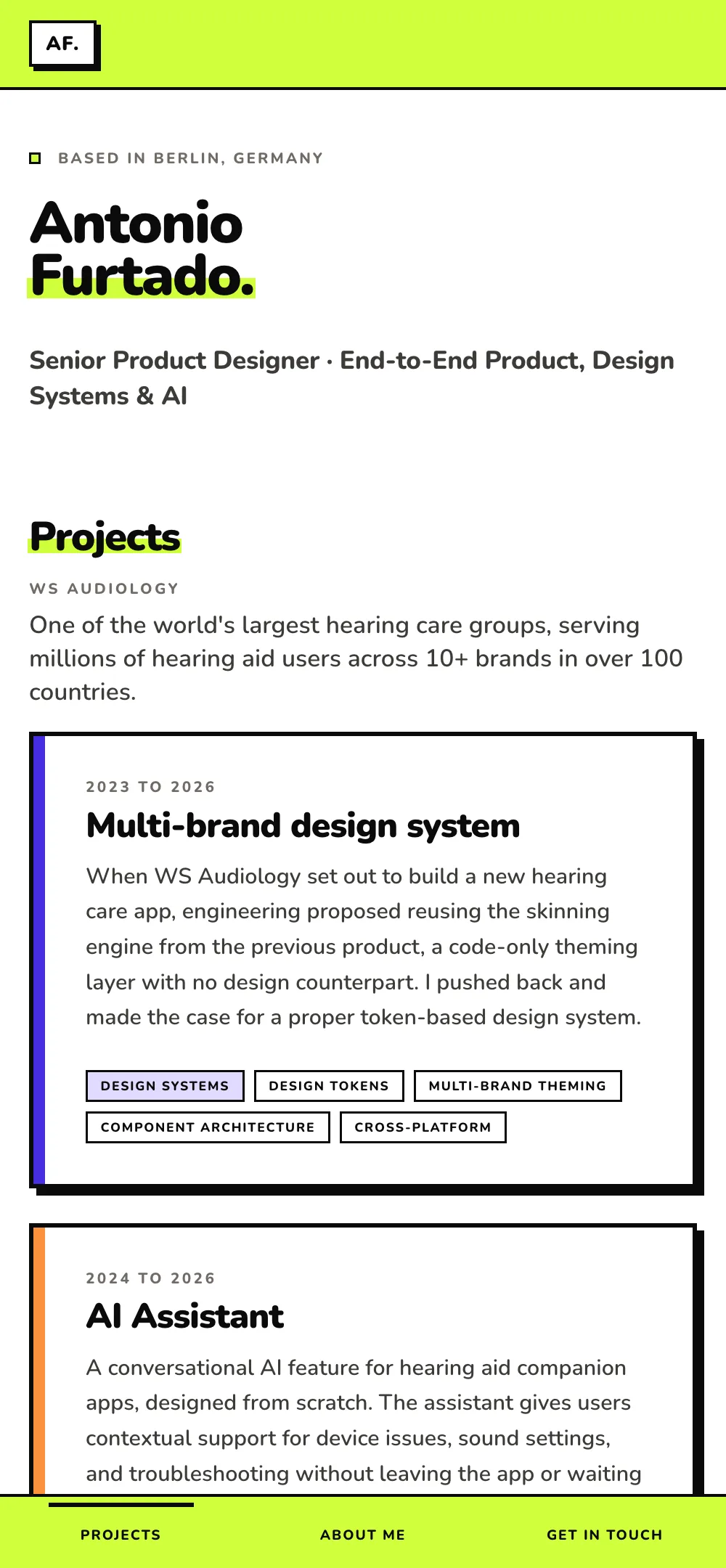 The homepage at mobile width: a single column of project cards, each keeping its accent edge (indigo, then orange), with a fixed bottom tab bar showing Projects, About me, and Get in touch.